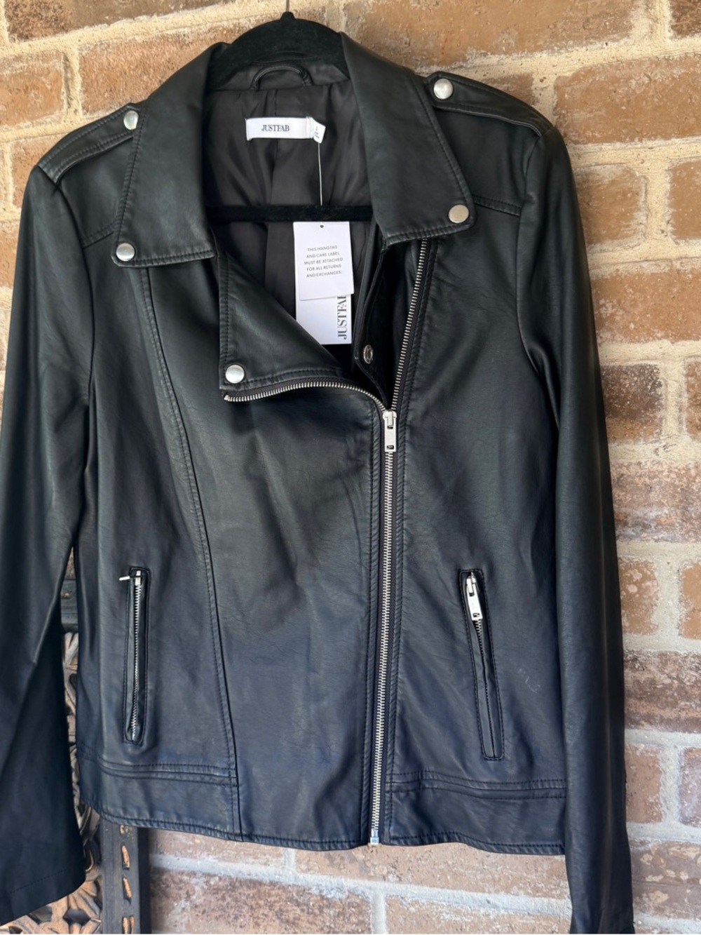 JustFab Black Faux Leather Asymmetrical Moto Jacket